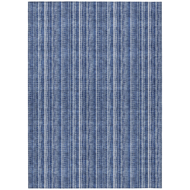 9' X 12' Denim Blue And Ivory Striped Washable Indoor Outdoor Area Rug