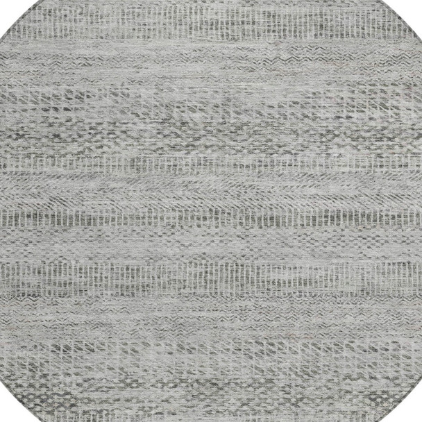 8' Gray And Charcoal Round Striped Washable Indoor Outdoor Area Rug