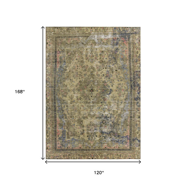10' X 14' Artichoke Green And Denim Blue Medallion Washable Indoor Outdoor Area Rug