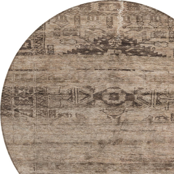 8' Brown And Taupe Round Medallion Washable Indoor Outdoor Area Rug