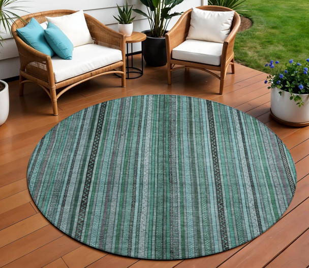 8' Teal Blue Aqua And Gray Round Striped Washable Indoor Outdoor Area Rug