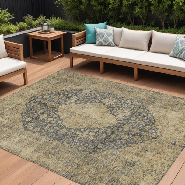 8' X 10' Charcoal And Beige Medallion Washable Indoor Outdoor Area Rug