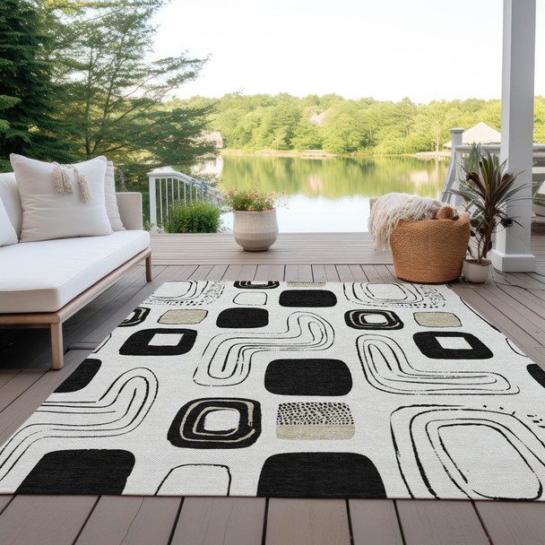 9' X 12' Ivory Black And Beige Geometric Washable Indoor Outdoor Area Rug