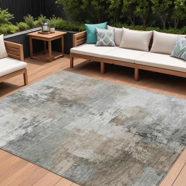 9' X 12' Ivory Gray And Khaki Abstract Washable Indoor Outdoor Area Rug