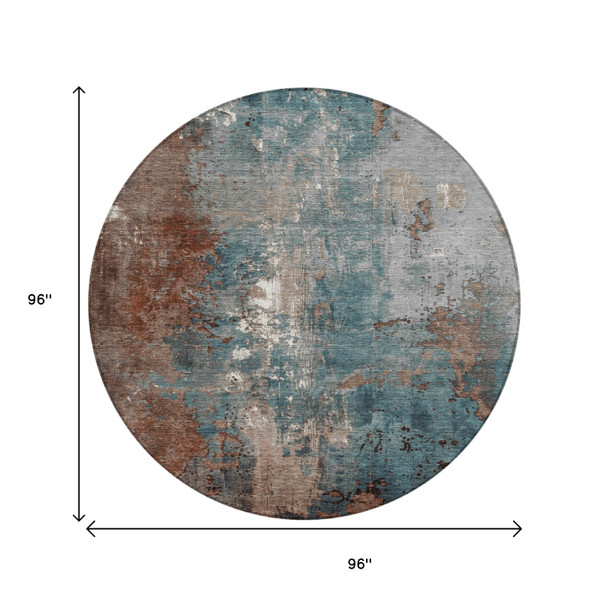 8' Rust And Teal Blue Round Abstract Washable Indoor Outdoor Area Rug