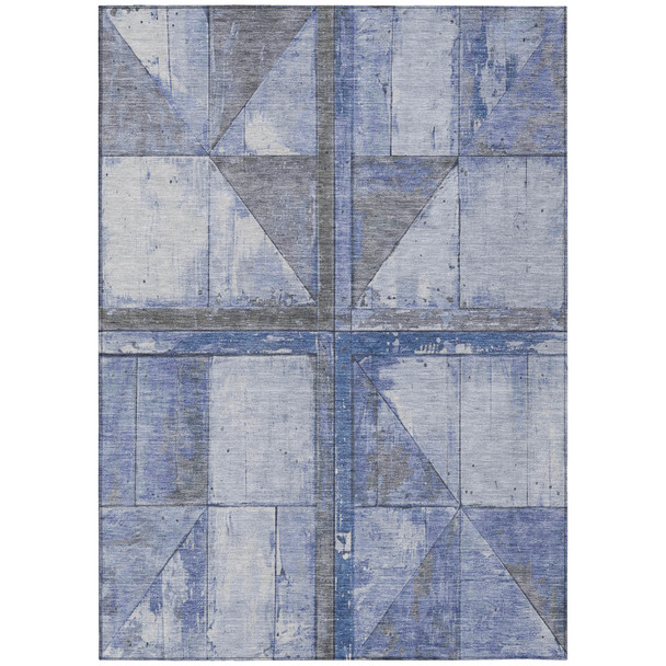 10' X 14' Denim Blue And Gray Geometric Washable Indoor Outdoor Area Rug