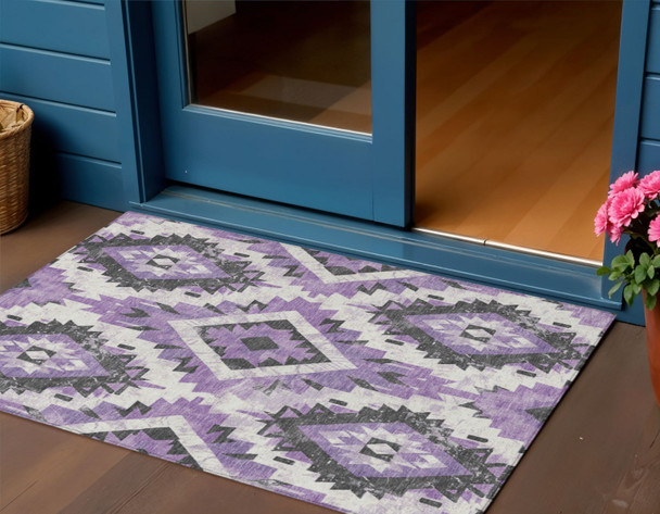 3' X 5' Purple And Gray Aztec Washable Indoor Outdoor Area Rug