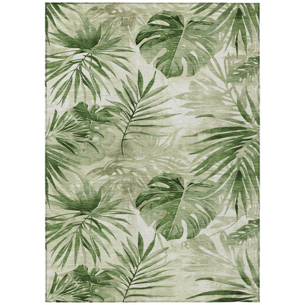 10' X 14' Artichoke Green And Ivory Floral Washable Indoor Outdoor Area Rug