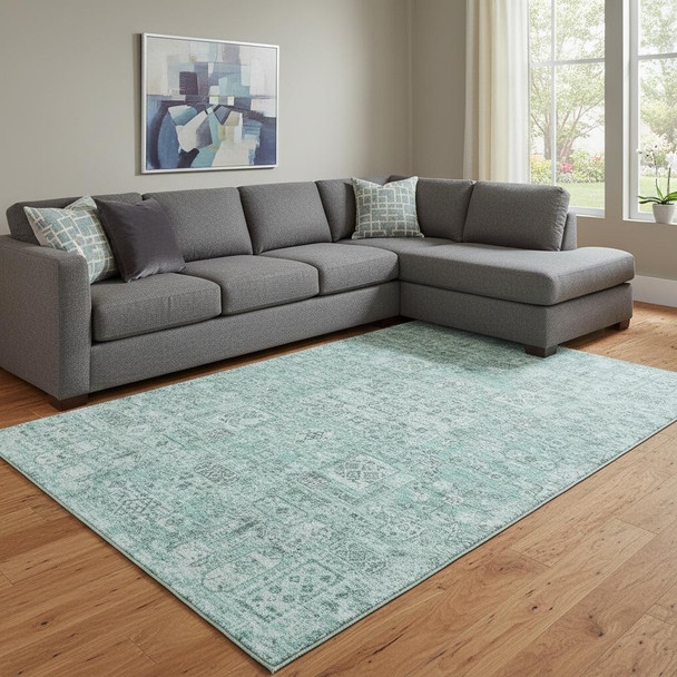 9' X 12' Teal And Ivory Floral Washable Area Rug With UV Protection