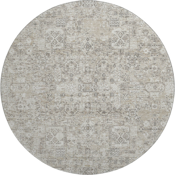 8' Taupe And Ivory Floral Washable Round Rug With UV Protection