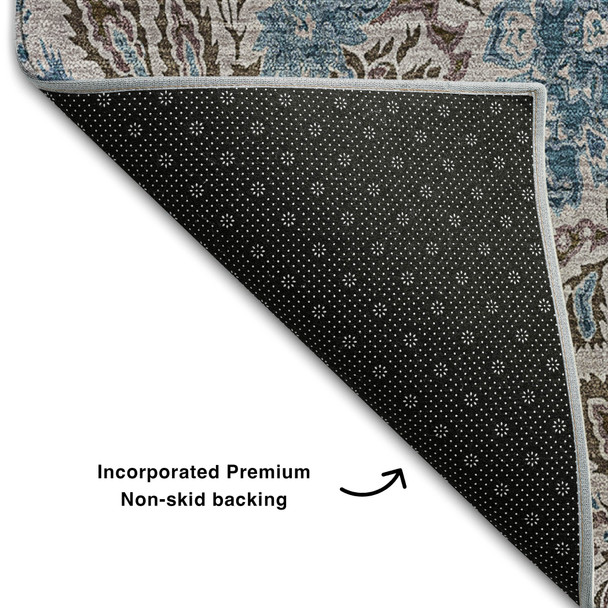 3' X 5' Coffee And Blue Floral Washable Area Rug With UV Protection