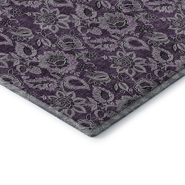 9' X 12' Eggplant And Gray Floral Washable Area Rug With UV Protection