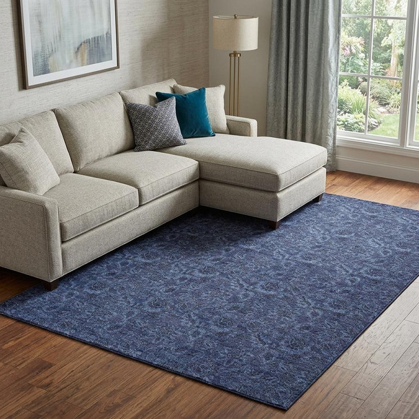 10' X 14' Navy Blue And Charcoal Floral Washable Area Rug With UV Protection
