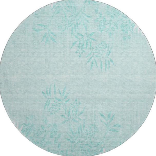 8' Teal And Ivory Floral Washable Round Rug With UV Protection