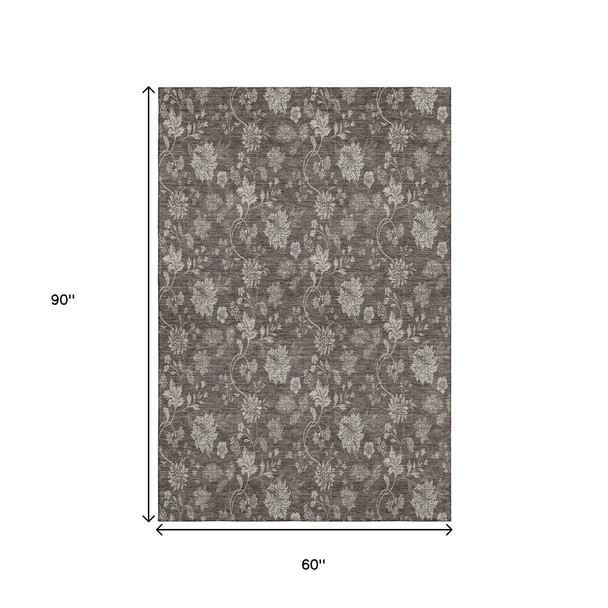 5' X 8' Chocolate And Beige Floral Washable Area Rug With UV Protection