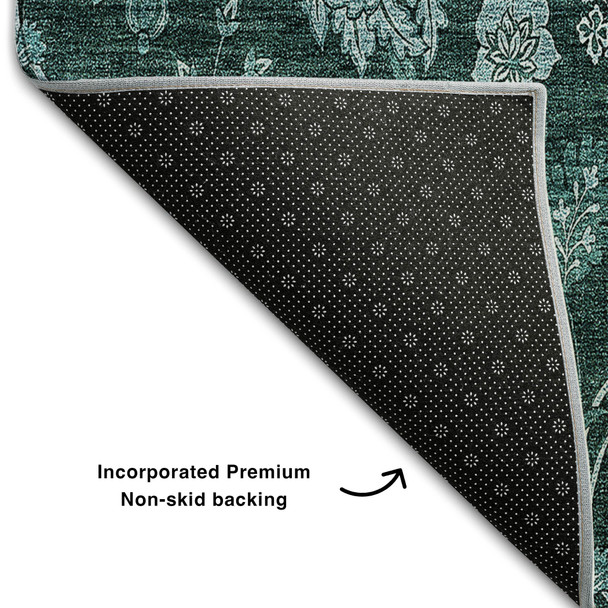 8' X 10' Teal And Ivory Floral Washable Area Rug With UV Protection