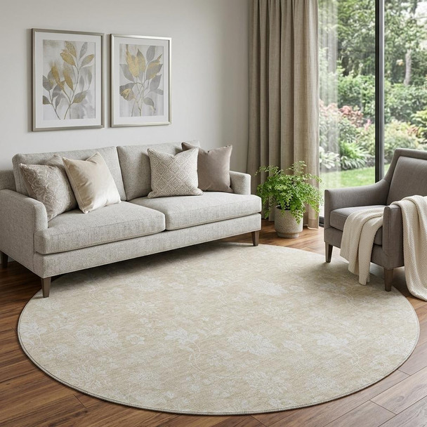 8' Beige And Ivory Floral Washable Round Rug With UV Protection