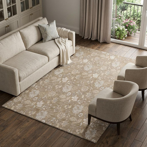 9' X 12' Copper And Beige Floral Washable Area Rug With UV Protection