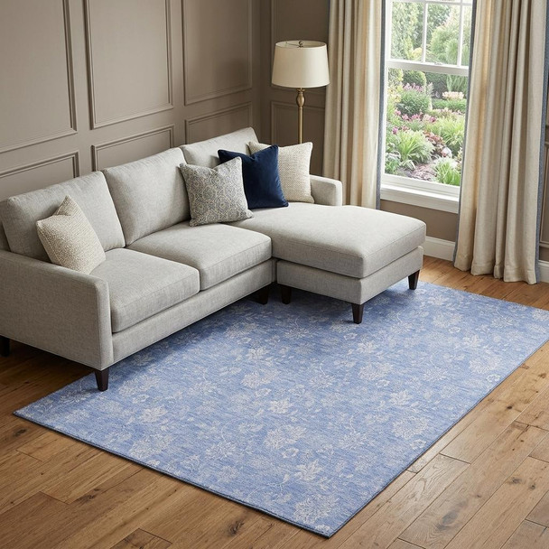 8' X 10' Sky Blue And Ivory Floral Washable Area Rug With UV Protection