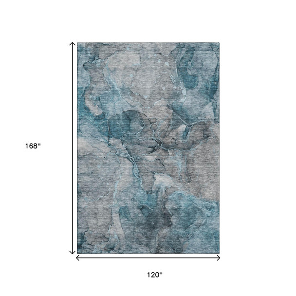 10' X 14' Teal And Gray Abstract Washable Area Rug With UV Protection