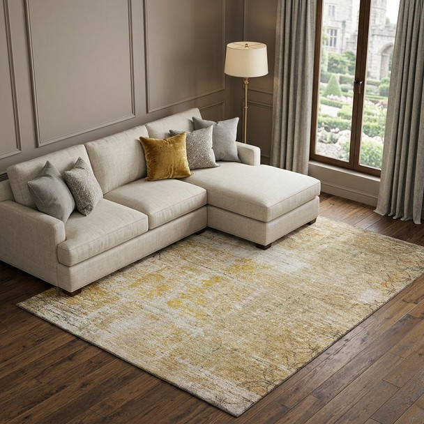 9' X 12' Gold Ivory And Beige Geometric Washable Area Rug With UV Protection