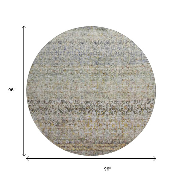8' Aqua Gold And Gray Abstract Washable Round Rug With UV Protection