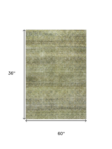 3' X 5' Artichoke Green Gray And Beige Striped Washable Area Rug With UV Protection