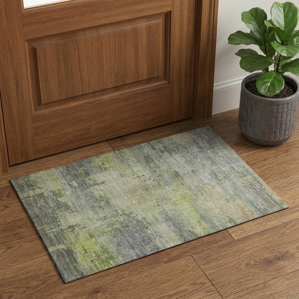 3' X 5' Artichoke Green Charcoal And Silver Abstract Washable Area Rug With UV Protection