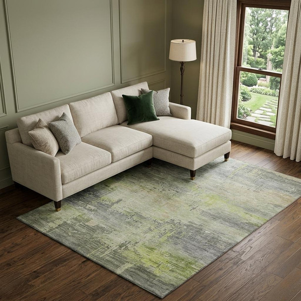 9' X 12' Artichoke Green Charcoal And Silver Abstract Washable Area Rug With UV Protection