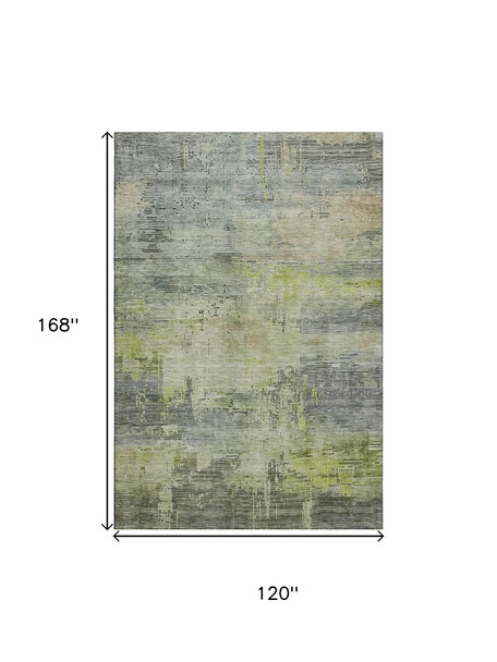 10' X 14' Artichoke Green Charcoal And Silver Abstract Washable Area Rug With UV Protection