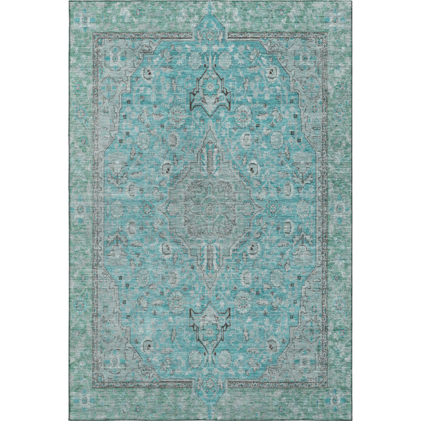 10' X 14' Aqua And Gray Floral Medallion Washable Area Rug With UV Protection