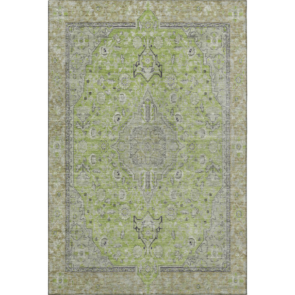 5' X 8' Lime Green And Gray Floral Medallion Washable Area Rug With UV Protection