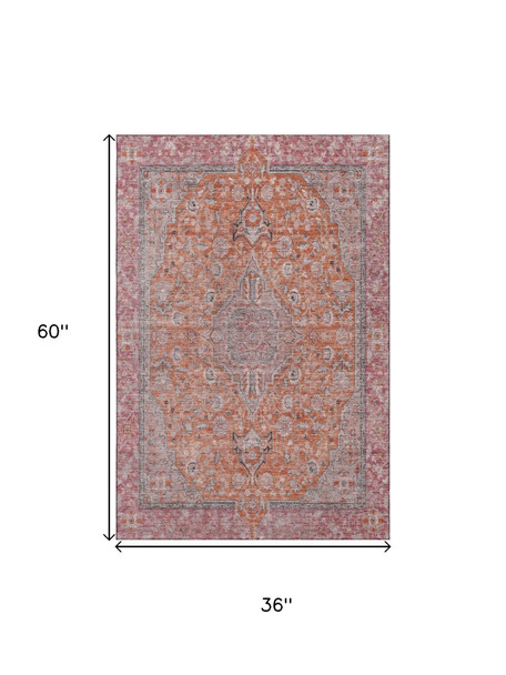 3' X 5' Orange Red And Gray Floral Medallion Washable Area Rug With UV Protection