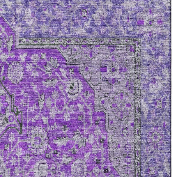 9' X 12' Purple And Gray Floral Medallion Washable Area Rug With UV Protection