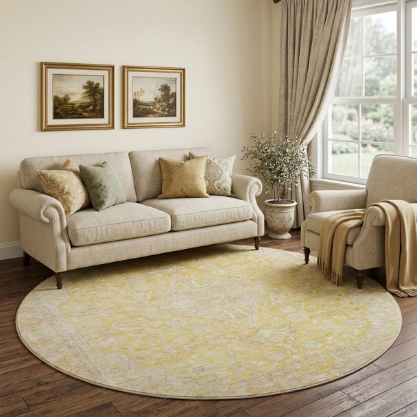 8' Wheat Gold And Gray Floral Medallion Washable Round Rug With UV Protection