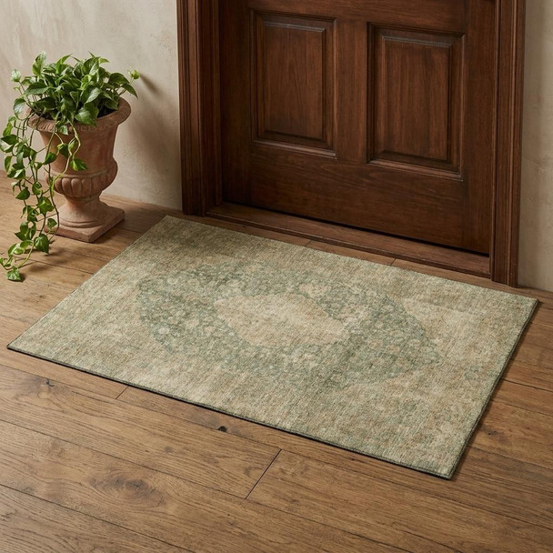3' X 5' Artichoke Green Beige And Tan Medallion Washable Area Rug With UV Protection