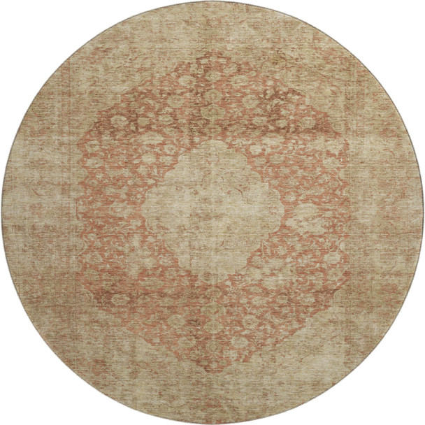 8' Rust And Beige Medallion Washable Round Rug With UV Protection