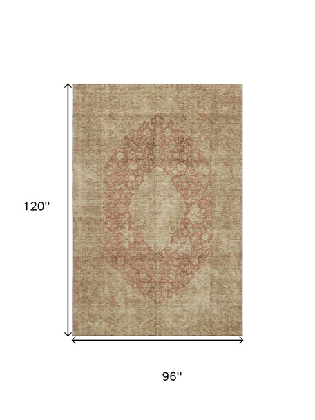 8' X 10' Rust And Beige Medallion Washable Area Rug With UV Protection