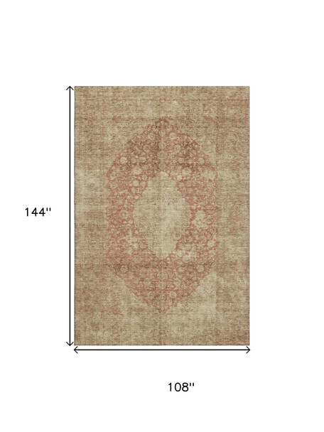 9' X 12' Rust And Beige Medallion Washable Area Rug With UV Protection