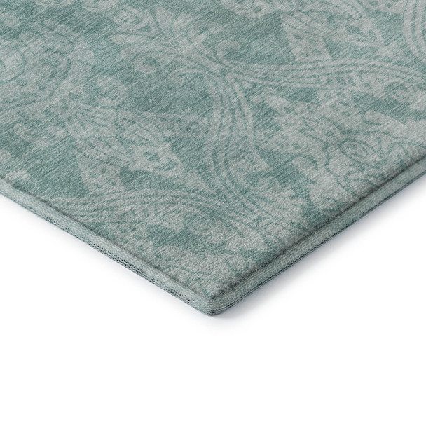 3' X 5' Aqua Teal And Ivory Damask Washable Area Rug With UV Protection