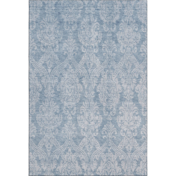 8' X 10' Blue And Ivory Damask Washable Area Rug With UV Protection