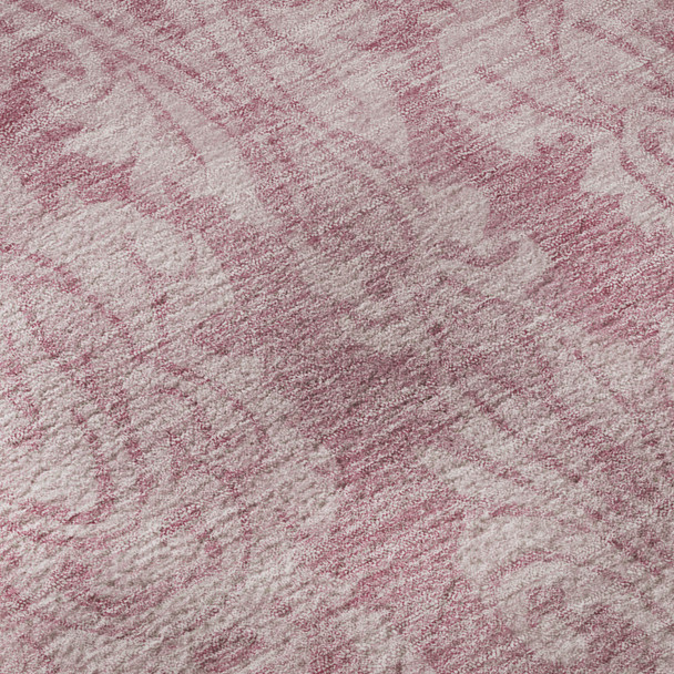8' Pink And Ivory Damask Washable Round Rug With UV Protection