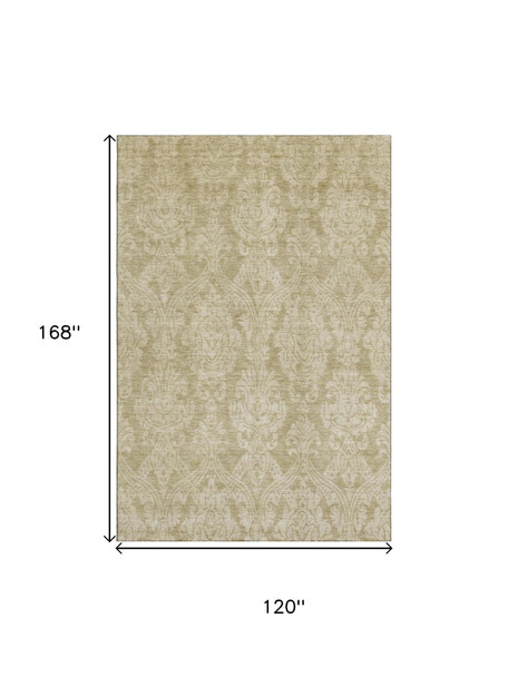 10' X 14' Tan And Beige Damask Washable Area Rug With UV Protection