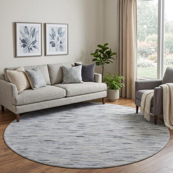 8' Blue Gray And Ivory Geometric Washable Round Rug With UV Protection