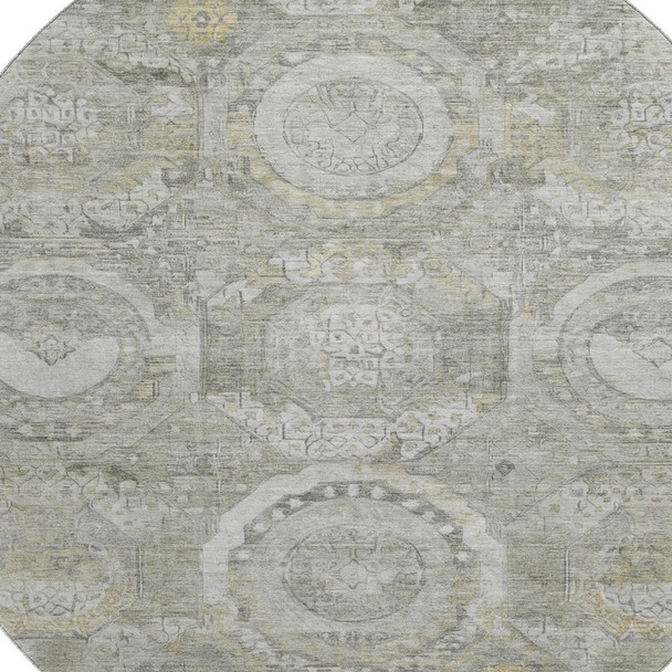 8' Pewter Gray And Wheat Mosaic Washable Round Rug With UV Protection