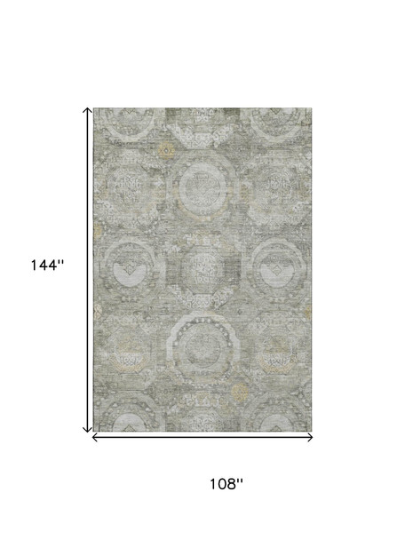 9' X 12' Pewter Gray And Wheat Mosaic Washable Area Rug With UV Protection