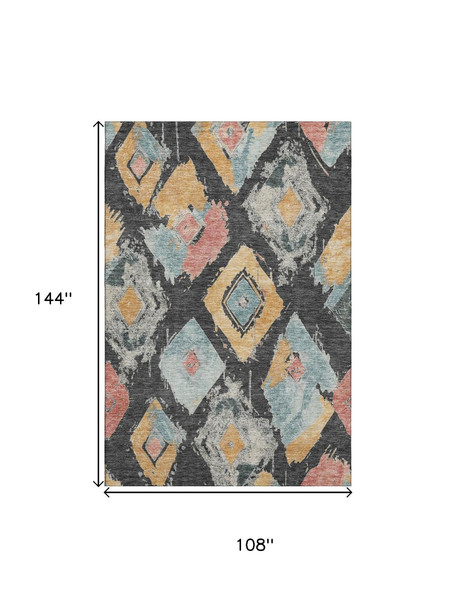 9' X 12' Charcoal Gold And Coral Abstract Geometric Washable Area Rug With UV Protection