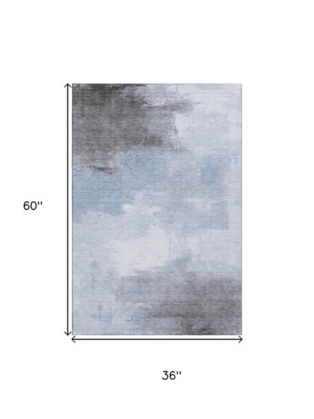 3' X 5' Sky Blue Gray And Silver Abstract Washable Area Rug With UV Protection