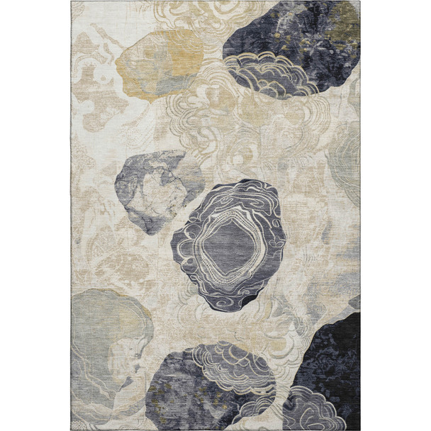 5' X 8' Ivory Tan And Charcoal Geometric Washable Area Rug With UV Protection