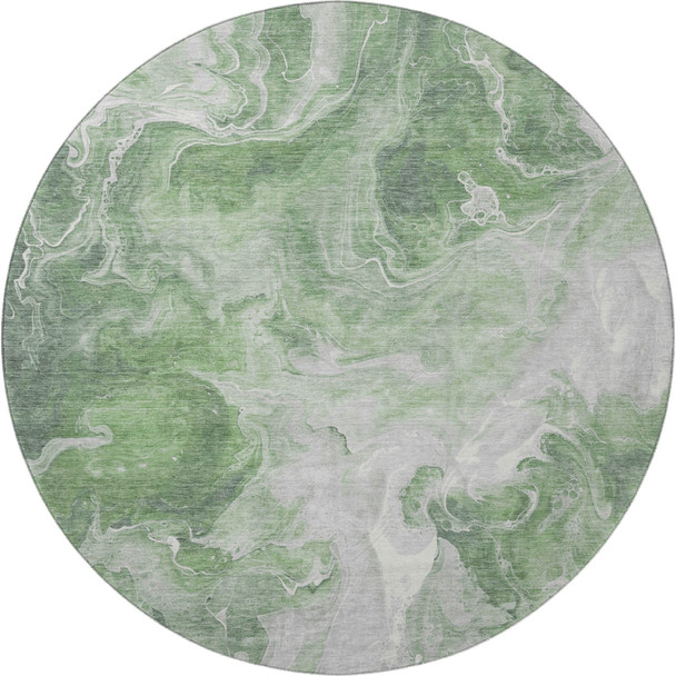 8' Green Gray And Ivory Abstract Washable Round Rug With UV Protection